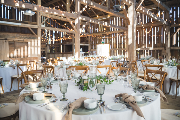 Wedding table set up inside of a venue